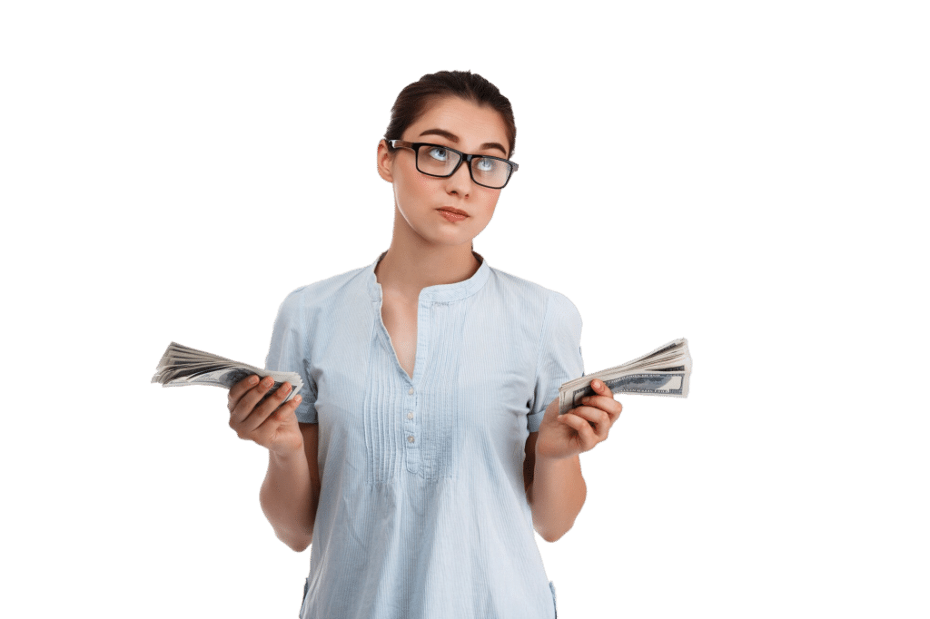 young-confident-beautiful-business-girl-glasses-holding-money-dreamy-looking-up-white-wall